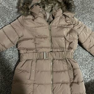 Maurices Taupe Puffer Jacket with Faux Fur Hood